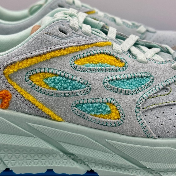 NWT Hoka Clifton Leather Embroidery UNISEX Shoes blue glass radiant yellow NEW - Picture 13 of 16